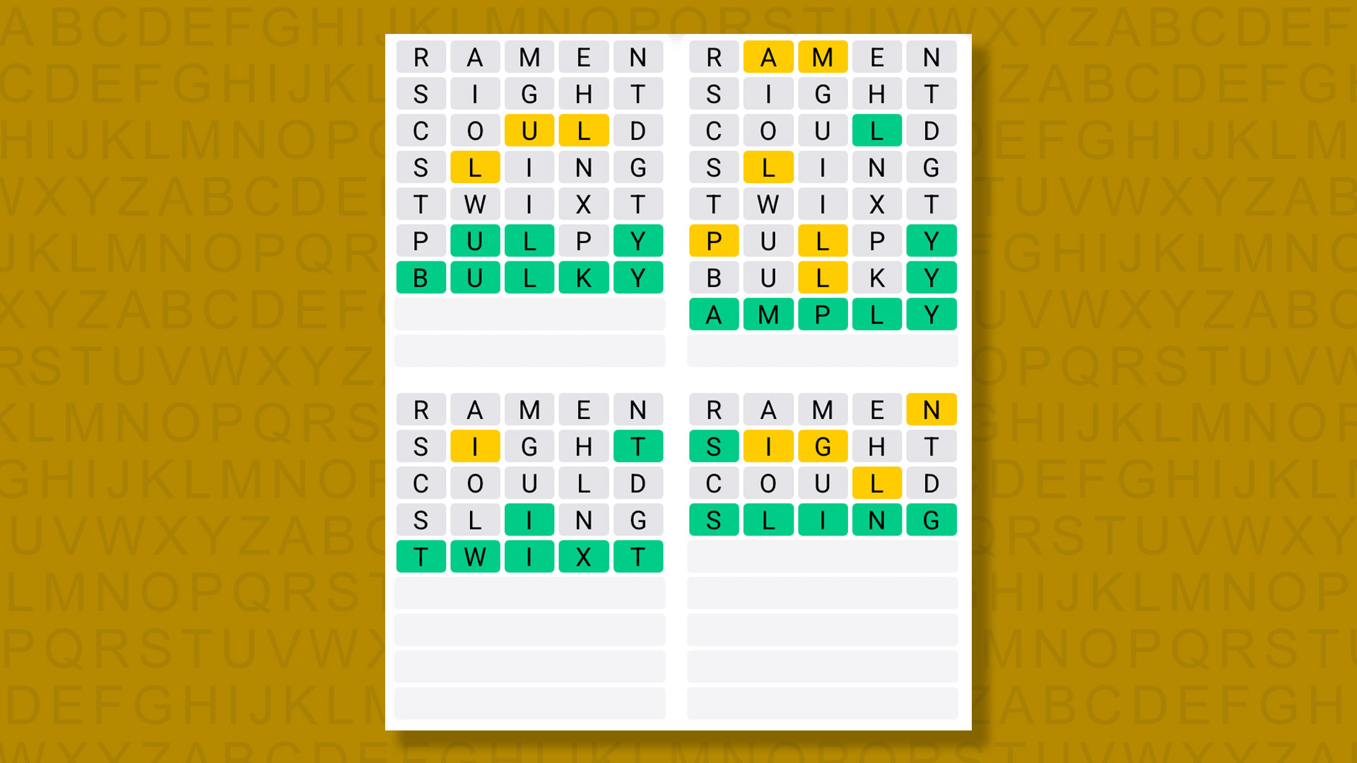 Quordle answers for the game 1370 on a yellow background