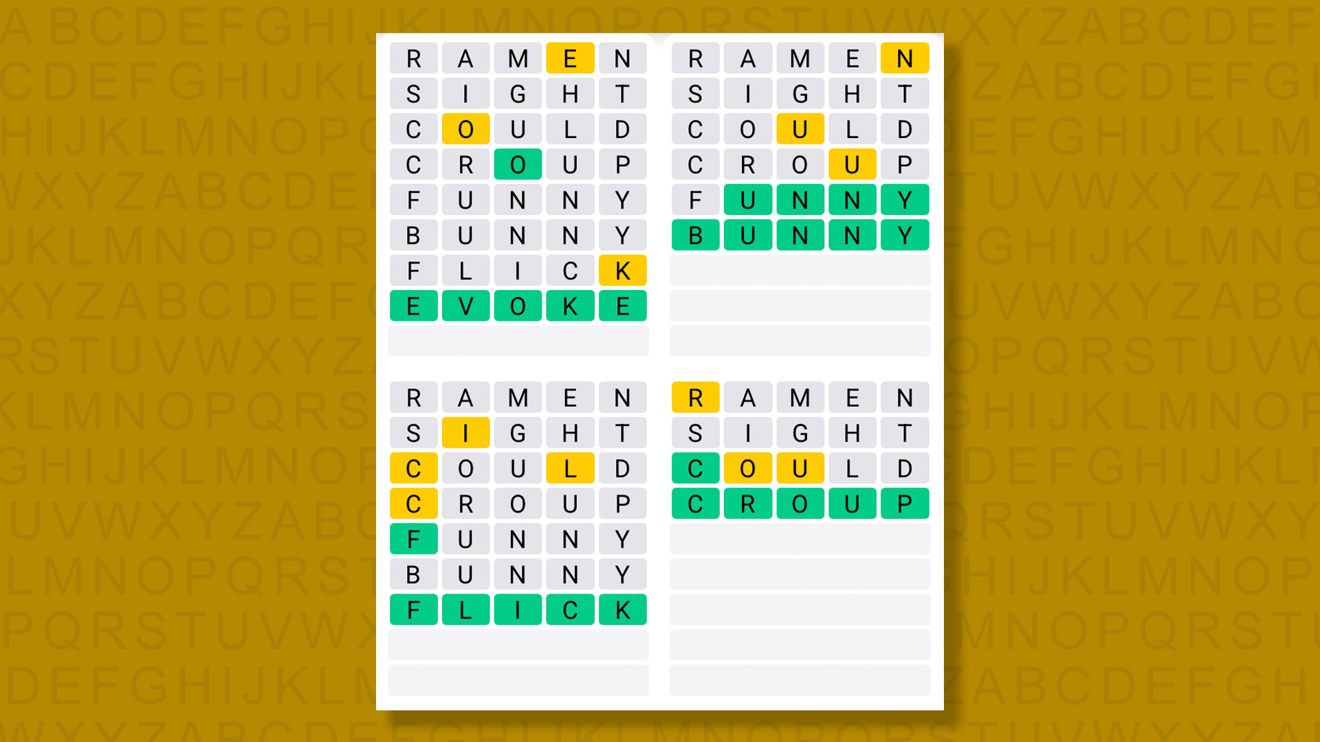 Quordle answers for the game 1364 on a yellow background