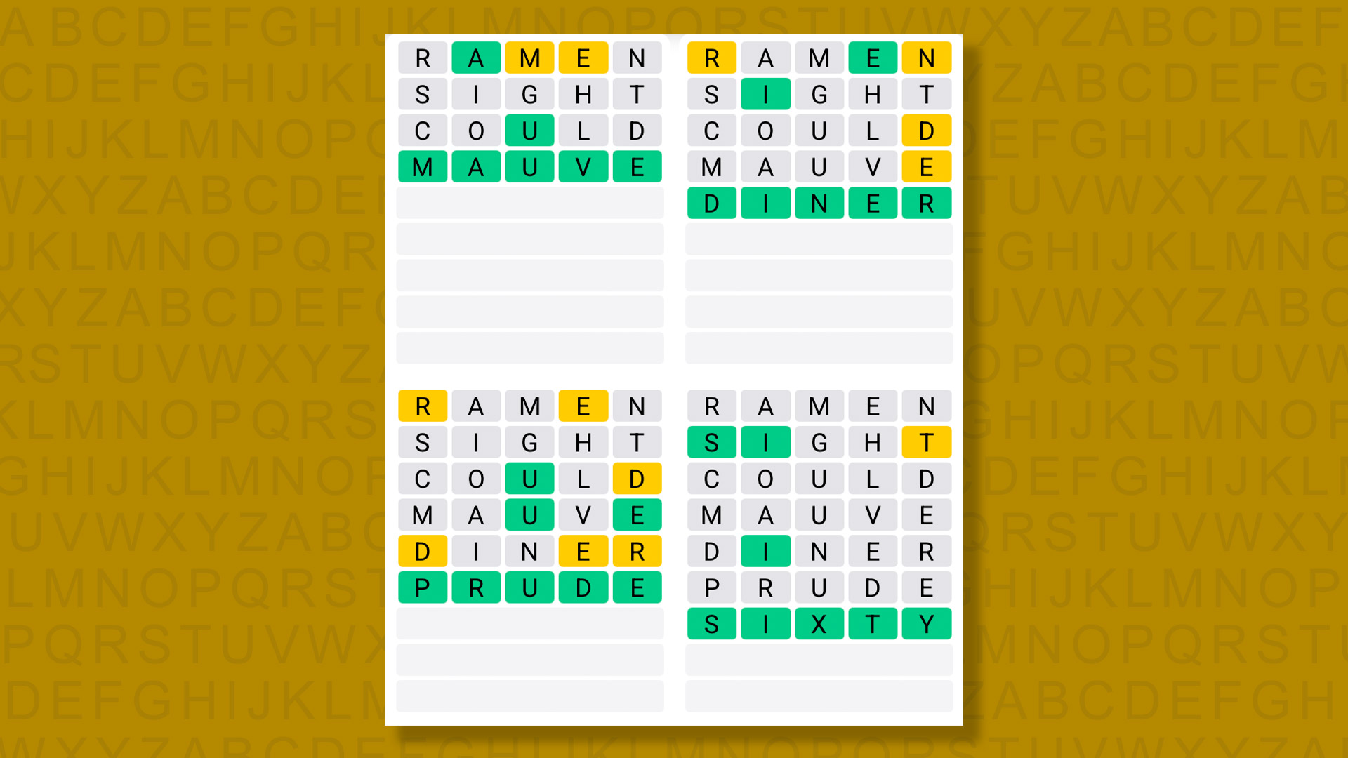 Quordle answers for the game 1360 on a yellow background