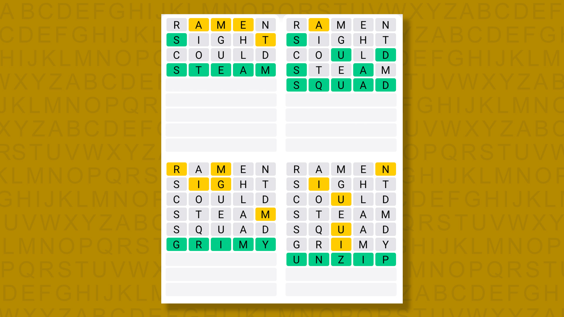Quordle responses for game 1353 on a yellow background