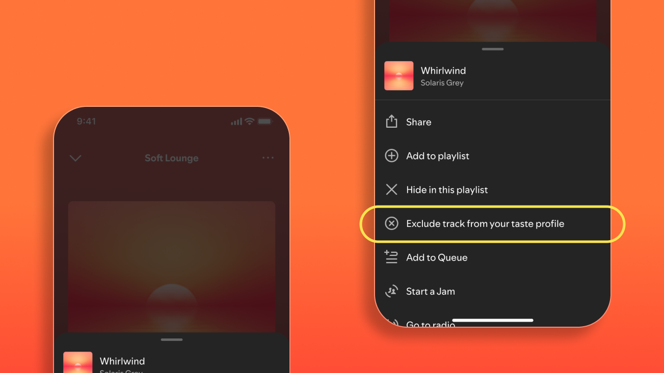 An image of how to exclude a song from your taste profile in the Spotify mobile application