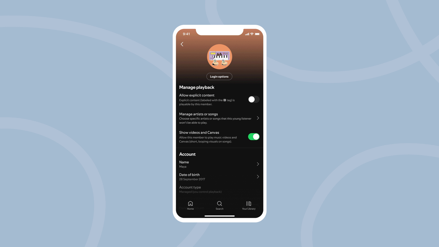 A gif showing how to use parental controls for managed accounts on the Spotify Premium Family plan