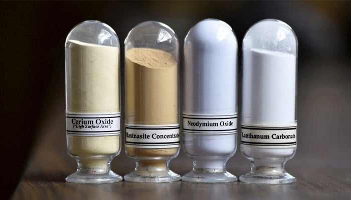 Samples of rare earth minerals from left, cerium oxide, bastnasite, neodymium oxide and lanthanum carbonate, are displayed during a tour of the Molycorps Mountain Pass rare earth facility in Mountain Pass, California, June 29, 2015. - Reuters