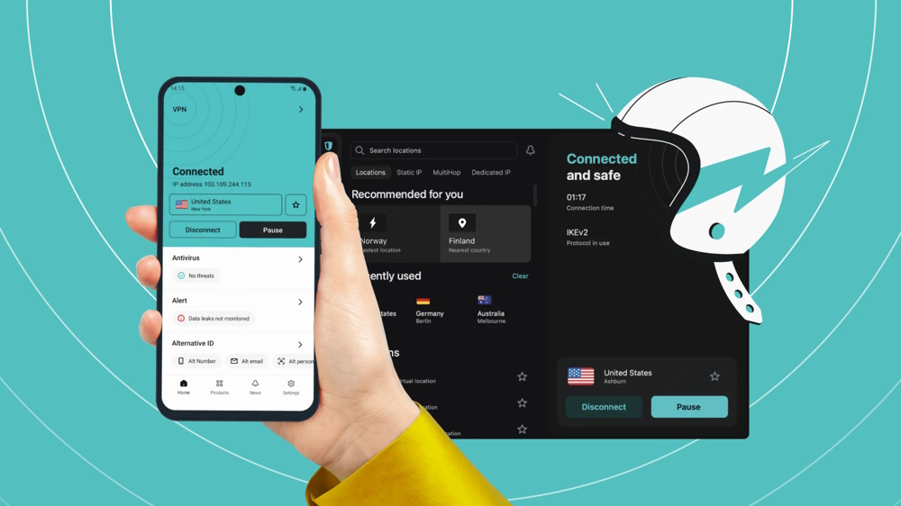 Graphic depicting Surfshark VPN running on a desktop and smartphone.