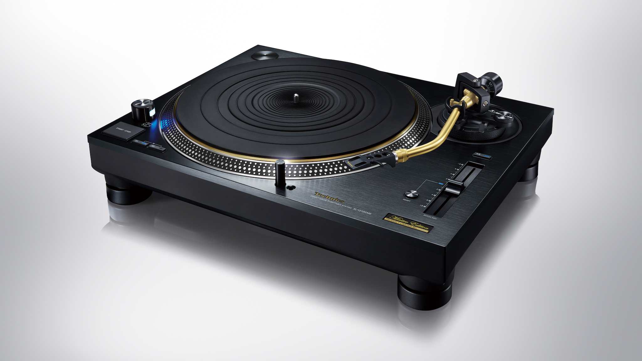 Technics SL-1210GME turntable taken from above and front on a gray background