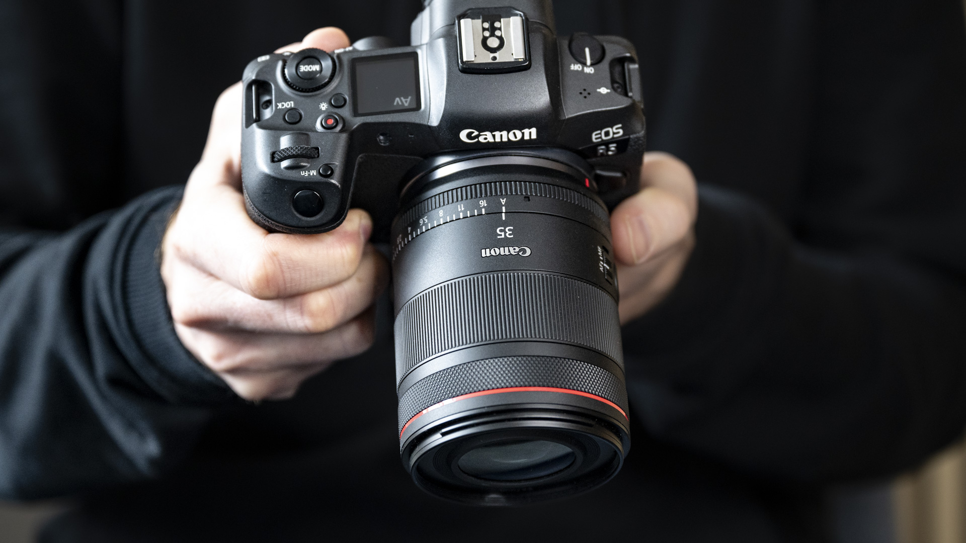 A person holding a Canon EOS R5 mirrorless camera with a Canon RF 35mm f/1.4 L VCM lens