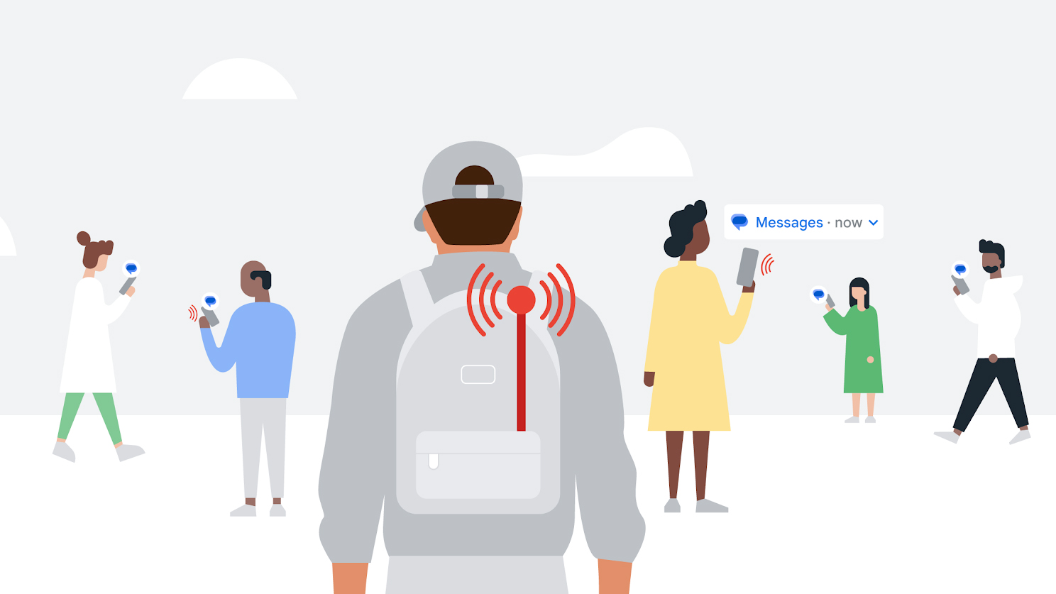 An illustration of a man with a backpack that carries out an SMS Blaster scam in unbeaten strangers