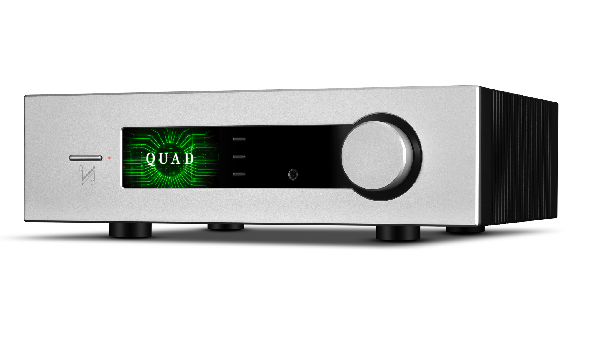 Front view of the Quad Platina integrated amplifier on a white background.