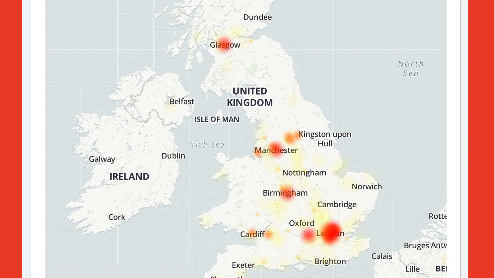 A map showing the Vodafone outages reported on Downdetector