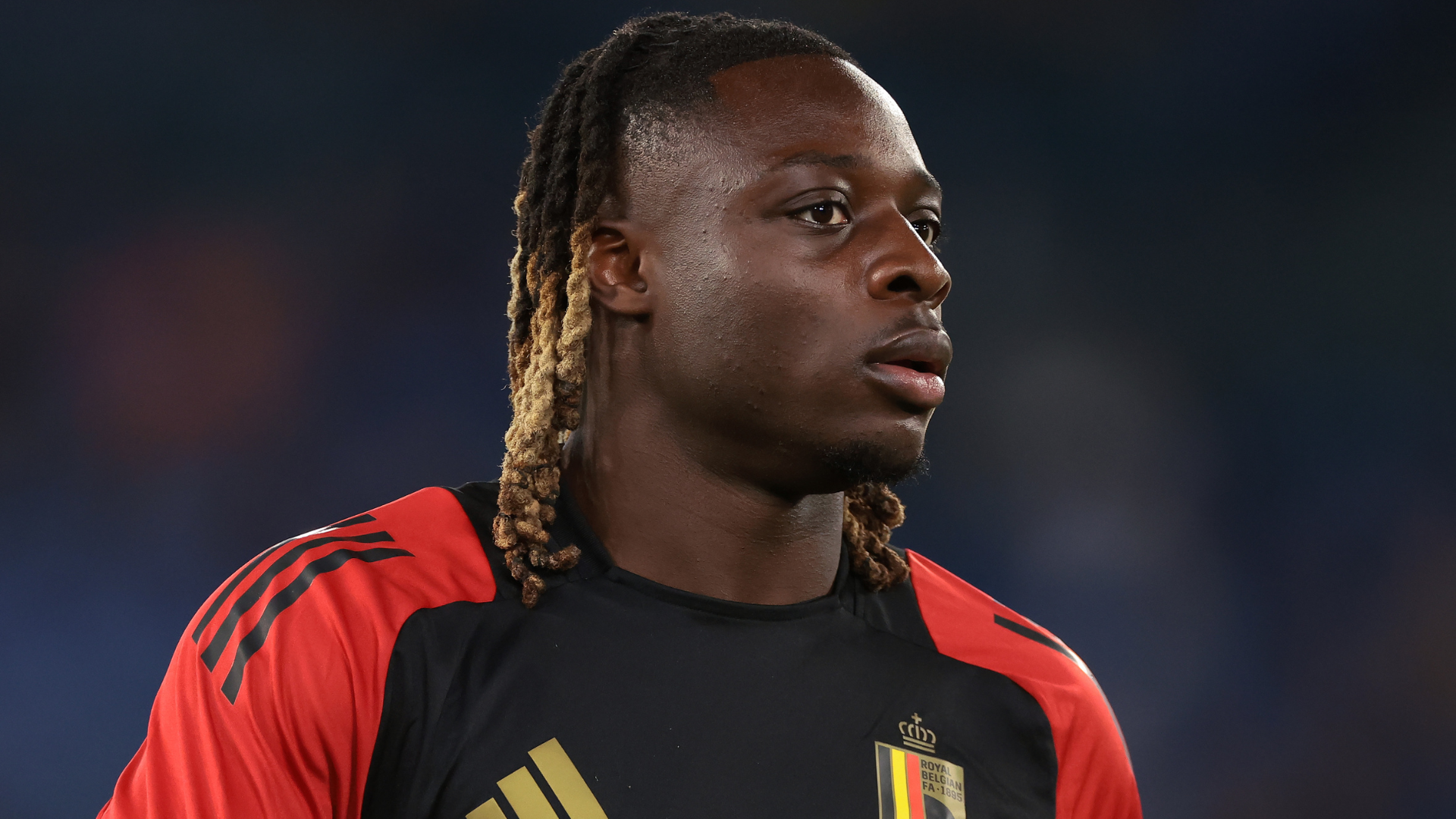 Jeremy Doku of Belgium during the warm-up prior to the 2024/25 UEFA Nations League Group A2 match between Italy and Belgium at Stadio Olimpico on October 10, 2024 in Rome, Italy.