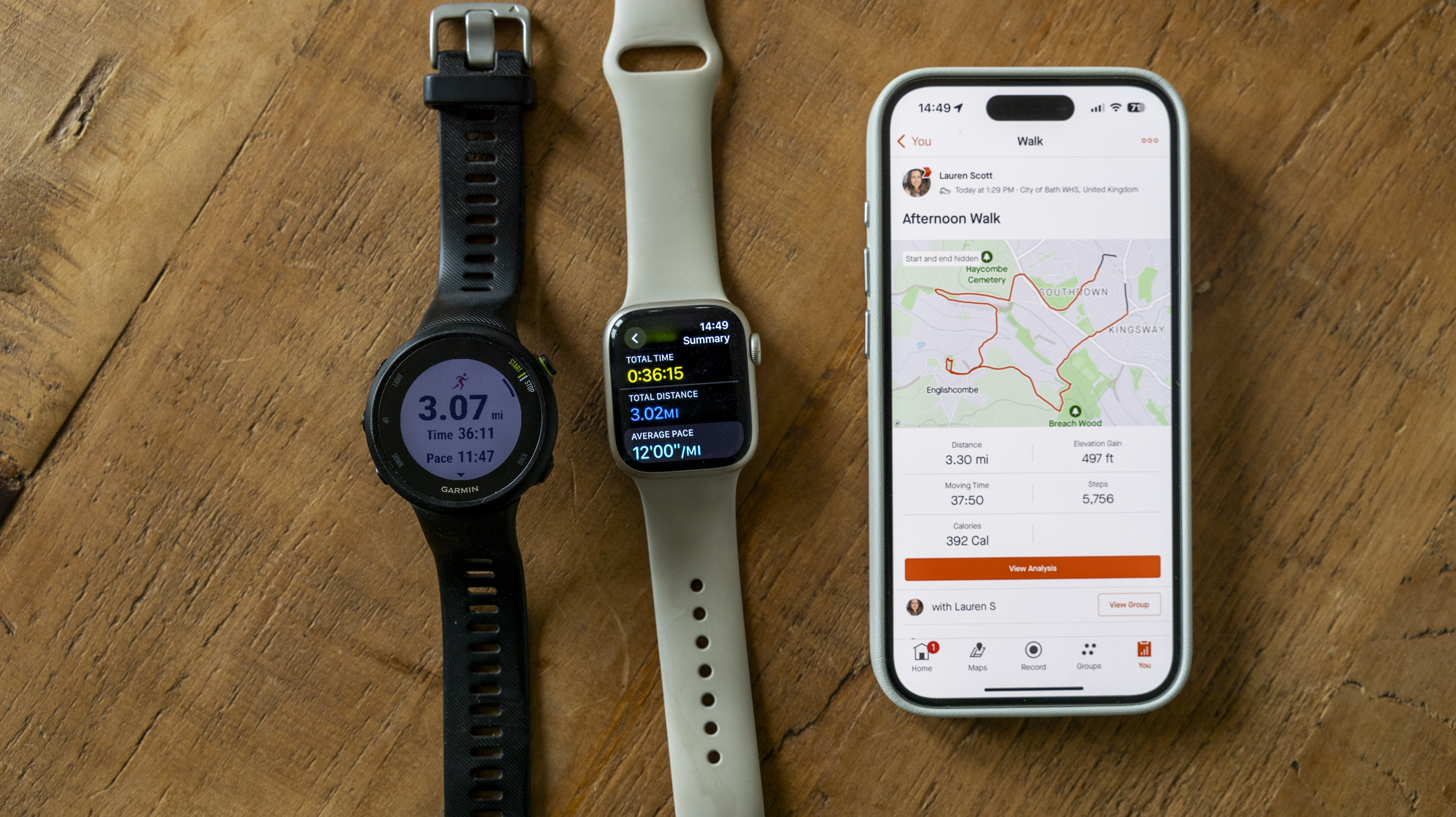 The Strava app on an iPhone 15, Garmin Forerunner 45, and Apple Watch 8 Pro