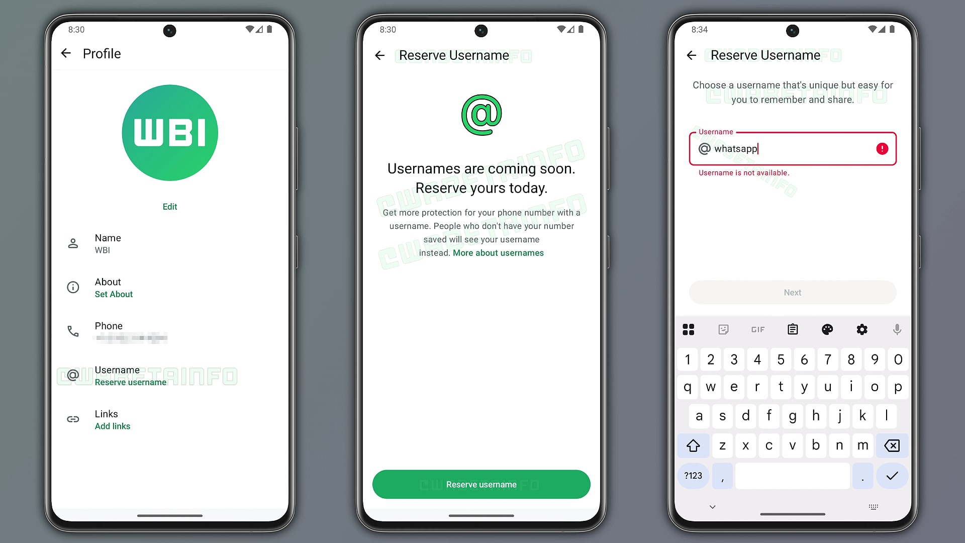 The username reservation process in WhatsApp for Android.
