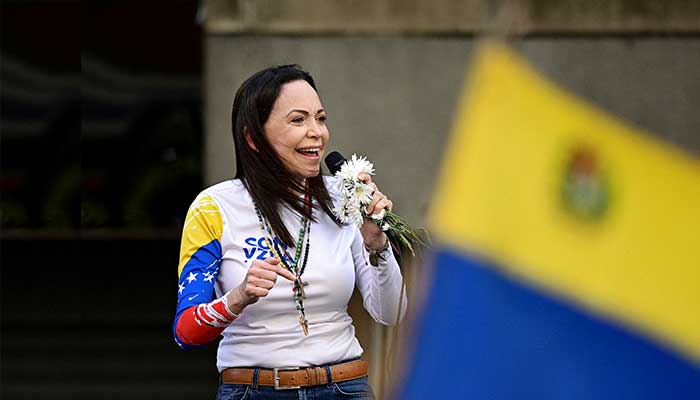 Venezuelan opposition leader Maria Corina Machado addresses her supporters at a protest ahead of President Nicolas Maduro's inauguration for his third term, in Caracas, Venezuela, January 9, 2025. – Reuters