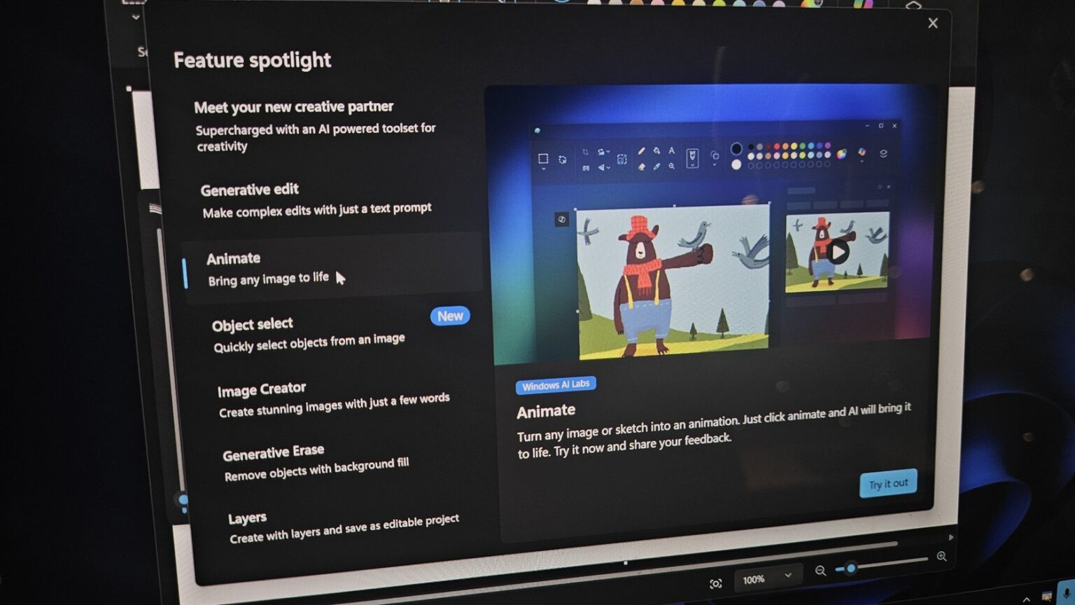 Windows 11 Paint AI Animate feature shown with an explanation of how it works