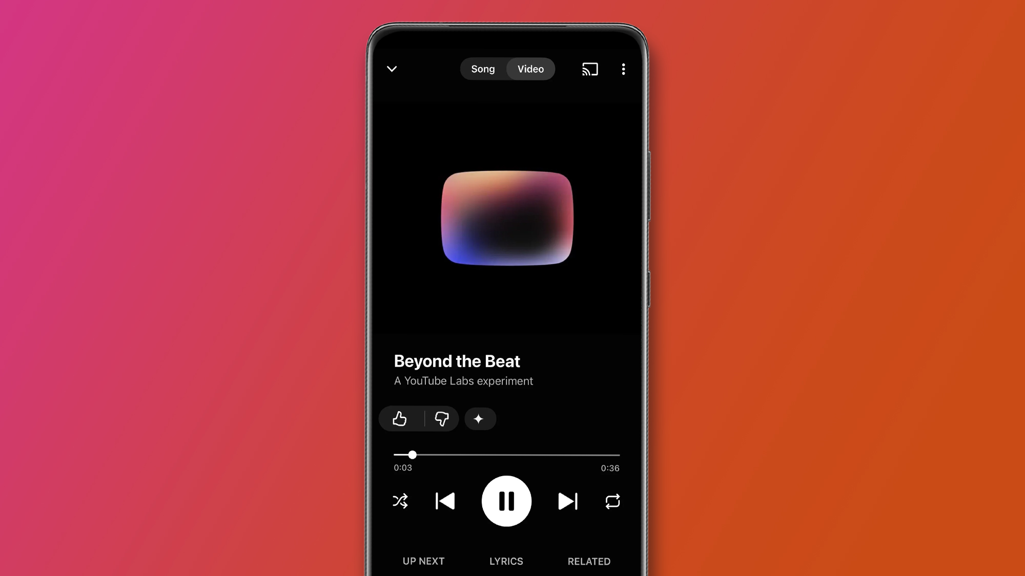 An Android phone on a pink and orange background showing YouTube Music