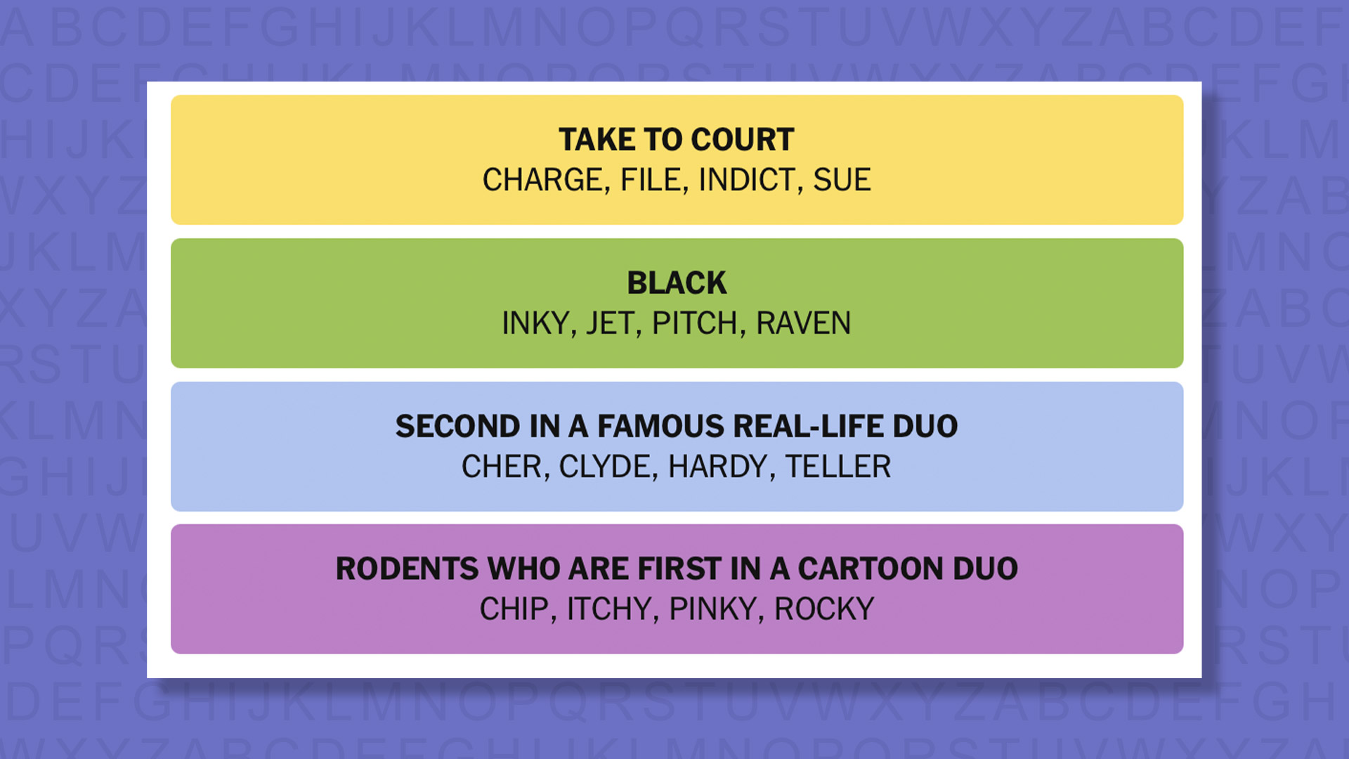 NYT Connections answers game 874 on a purple background