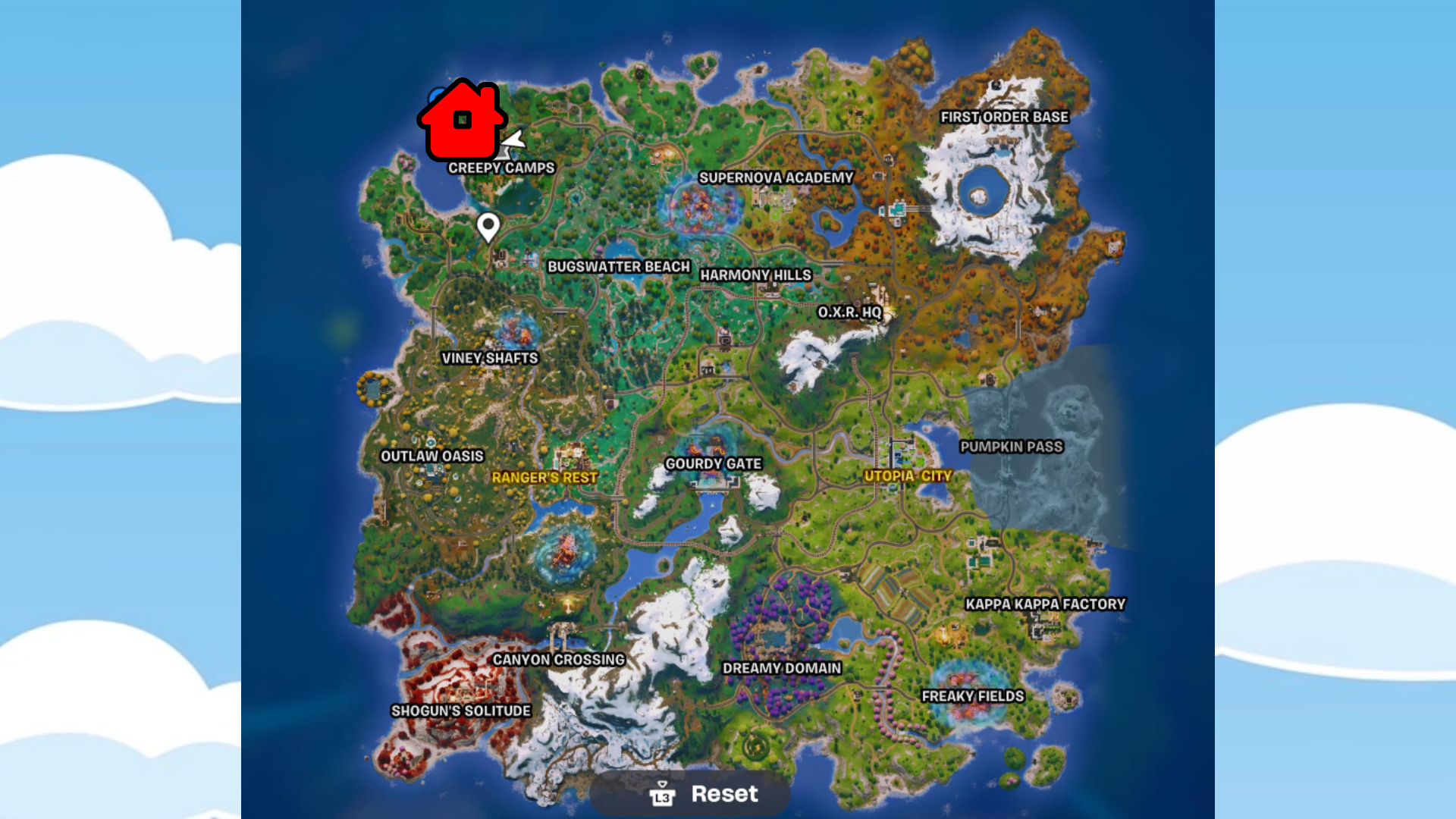 The Fortnite map, with Bart's treehouse marked with a red house icon