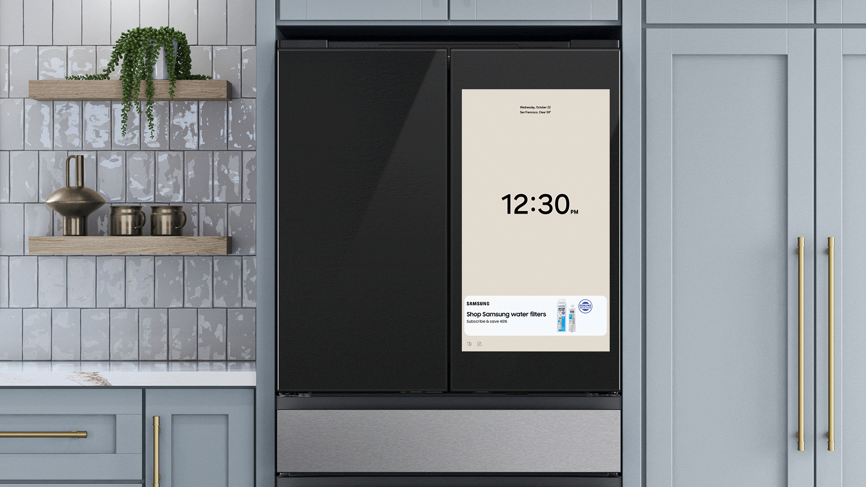 A Samsung smart refrigerator displaying an advertisement
