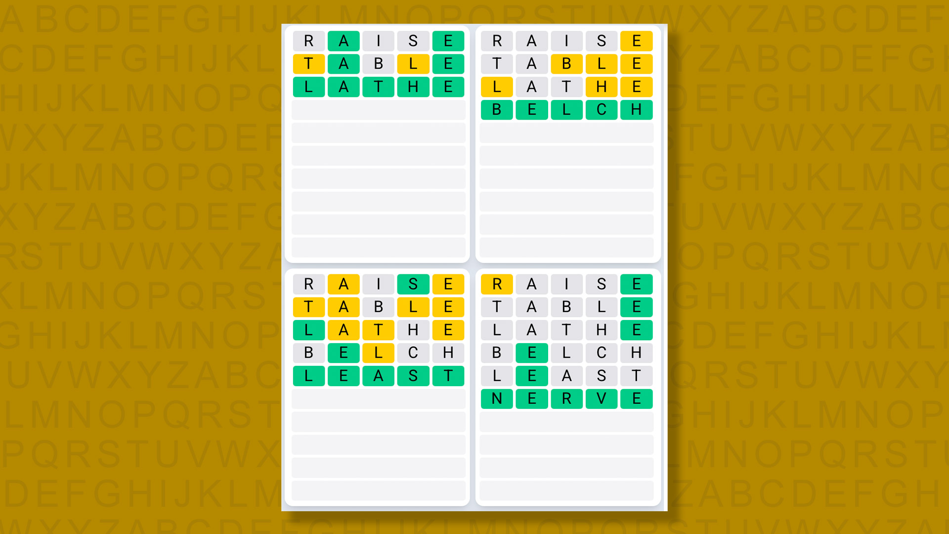 Quordle Daily Sequence answers for game 1380 on a yellow background