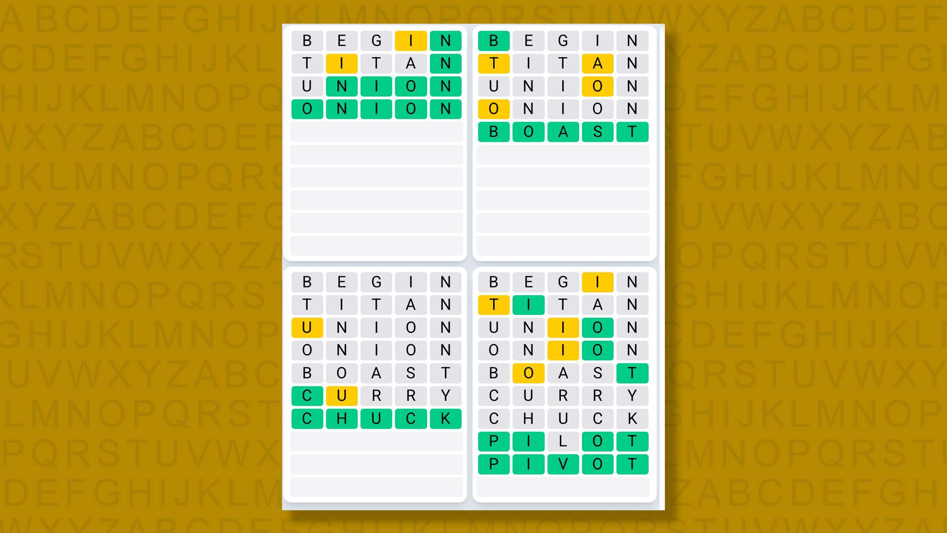Quordle Daily Sequence answers for game 1381 on a yellow background