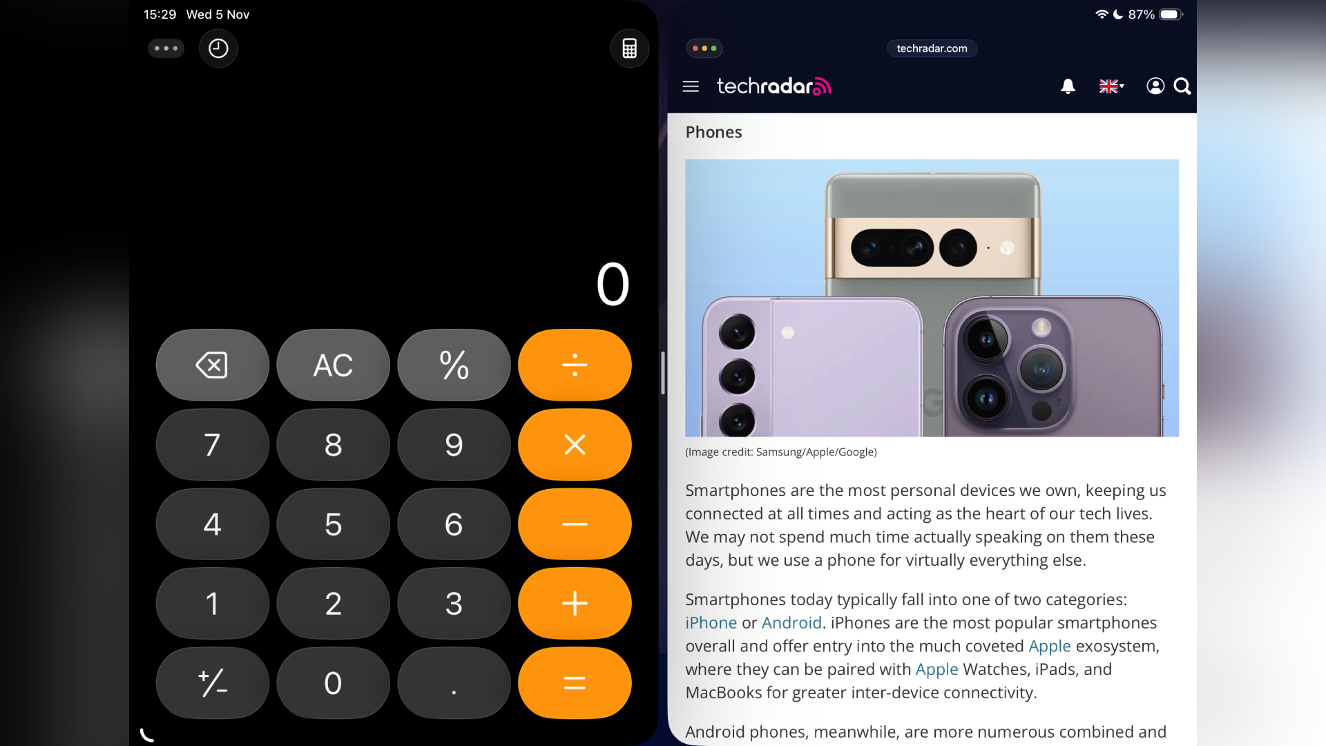 Calculator app and Safari open side by side on iPadOS 26.1