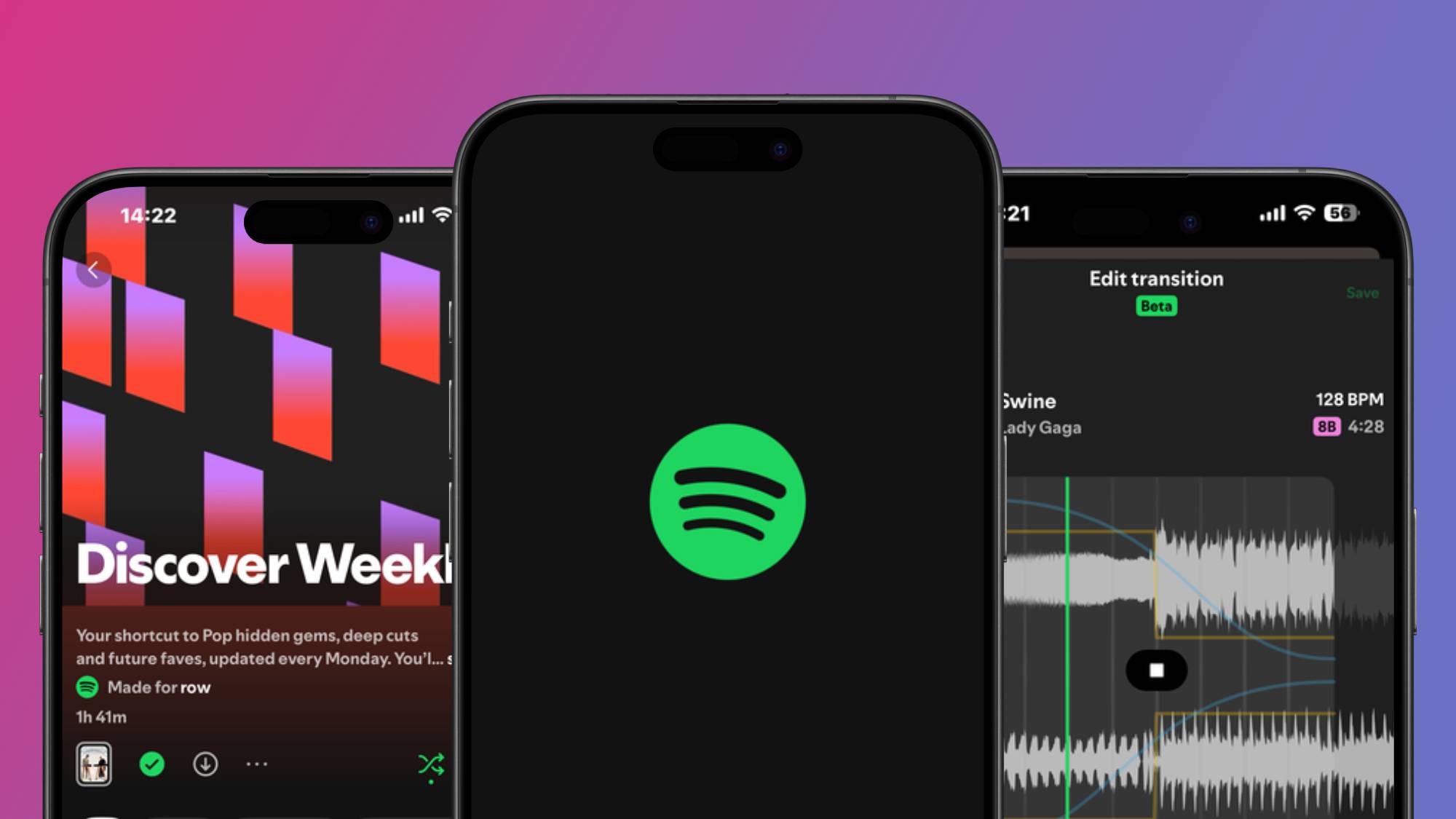 Three iPhones showing the Spotify logo, the Discover Weekly playlist and the audio mix in the Spotify app