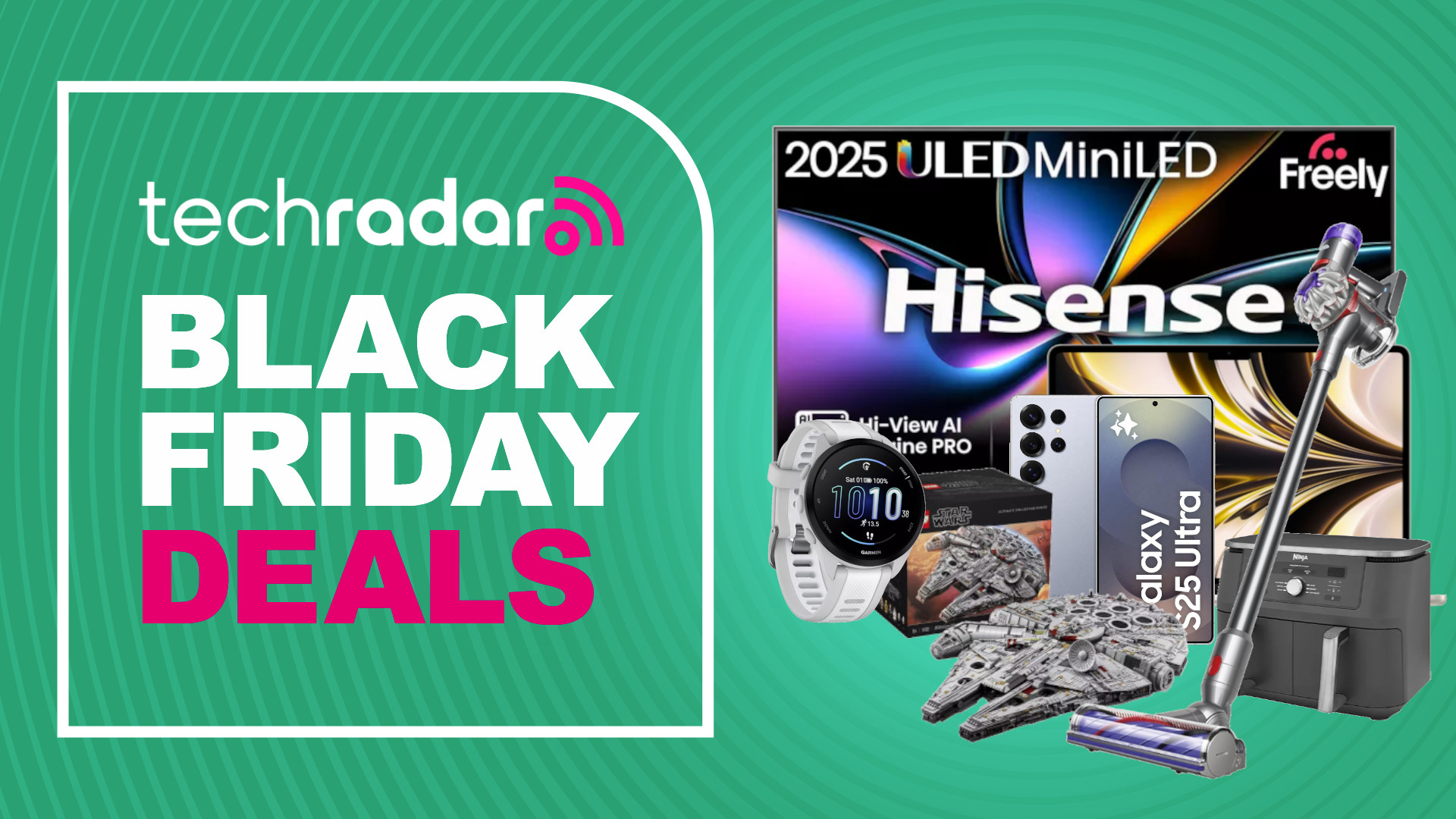 Collage of early Black Friday deals including a Hisense TV, Dyson vacuum cleaner, Ninja fryer, Samsung phone, Lego and Garmin watch