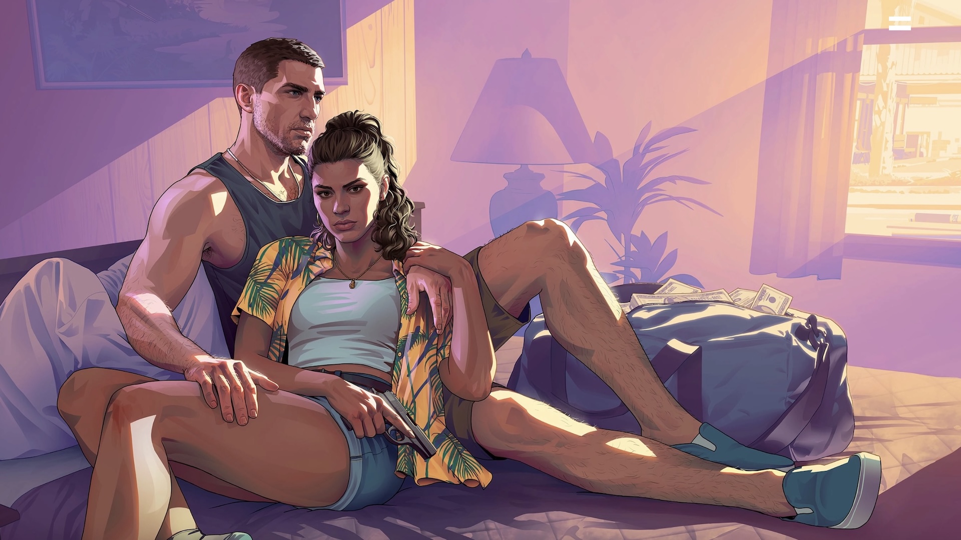 Jason and Lucía are lying in bed, while the sunlight comes through the window. Stylized in the classic GTA cartoon style.