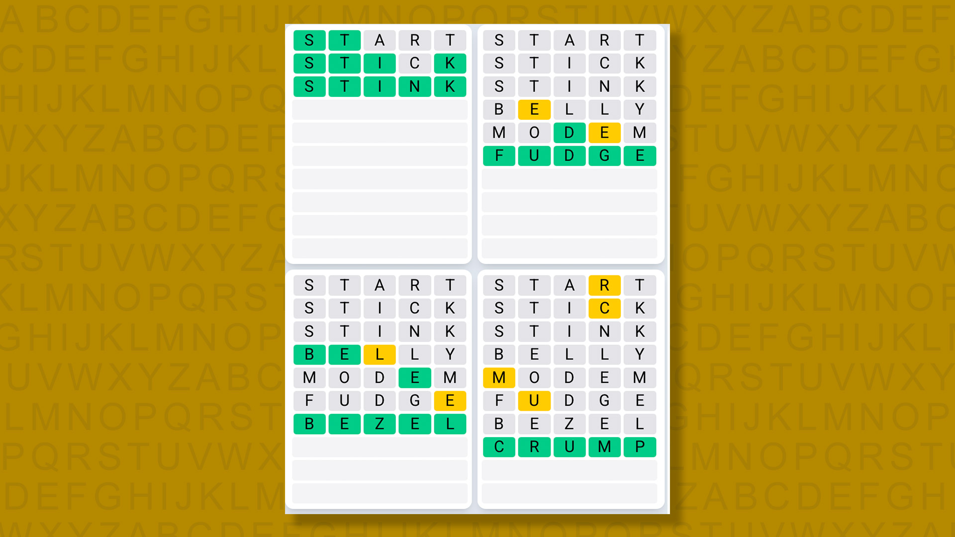 Quordle Daily Sequence answers for game 1387 on a yellow background