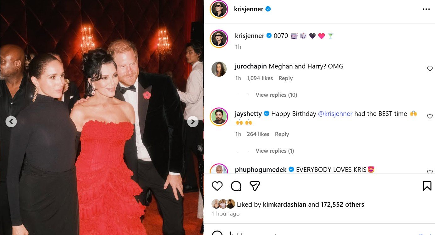 Kris Jenner poses with Prince Harry and Meghan Markle in a birthday photo