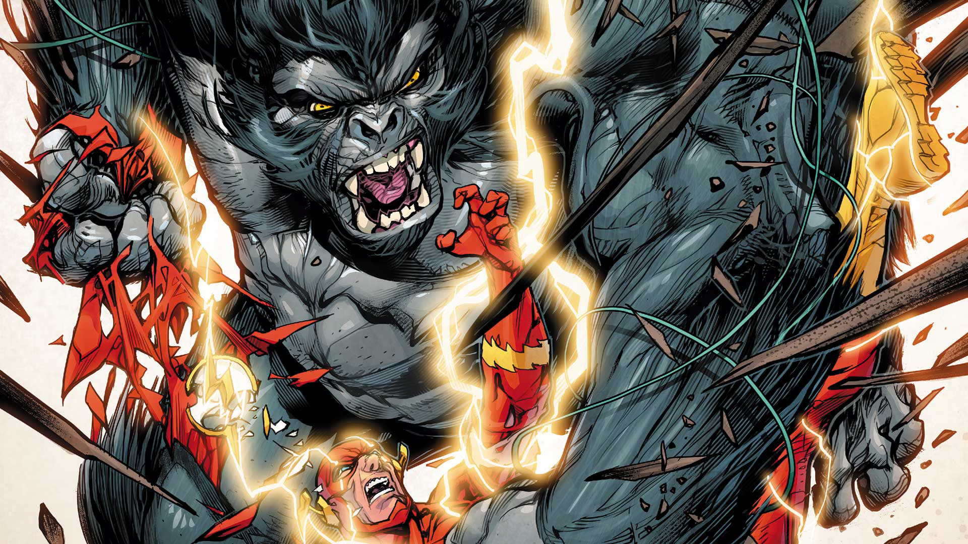 Gorilla Grodd smashing The Flash into the ground in a DC comic panel