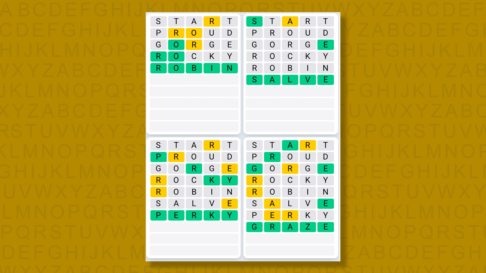 Quordle Daily Sequence answers for game 1388 on a yellow background