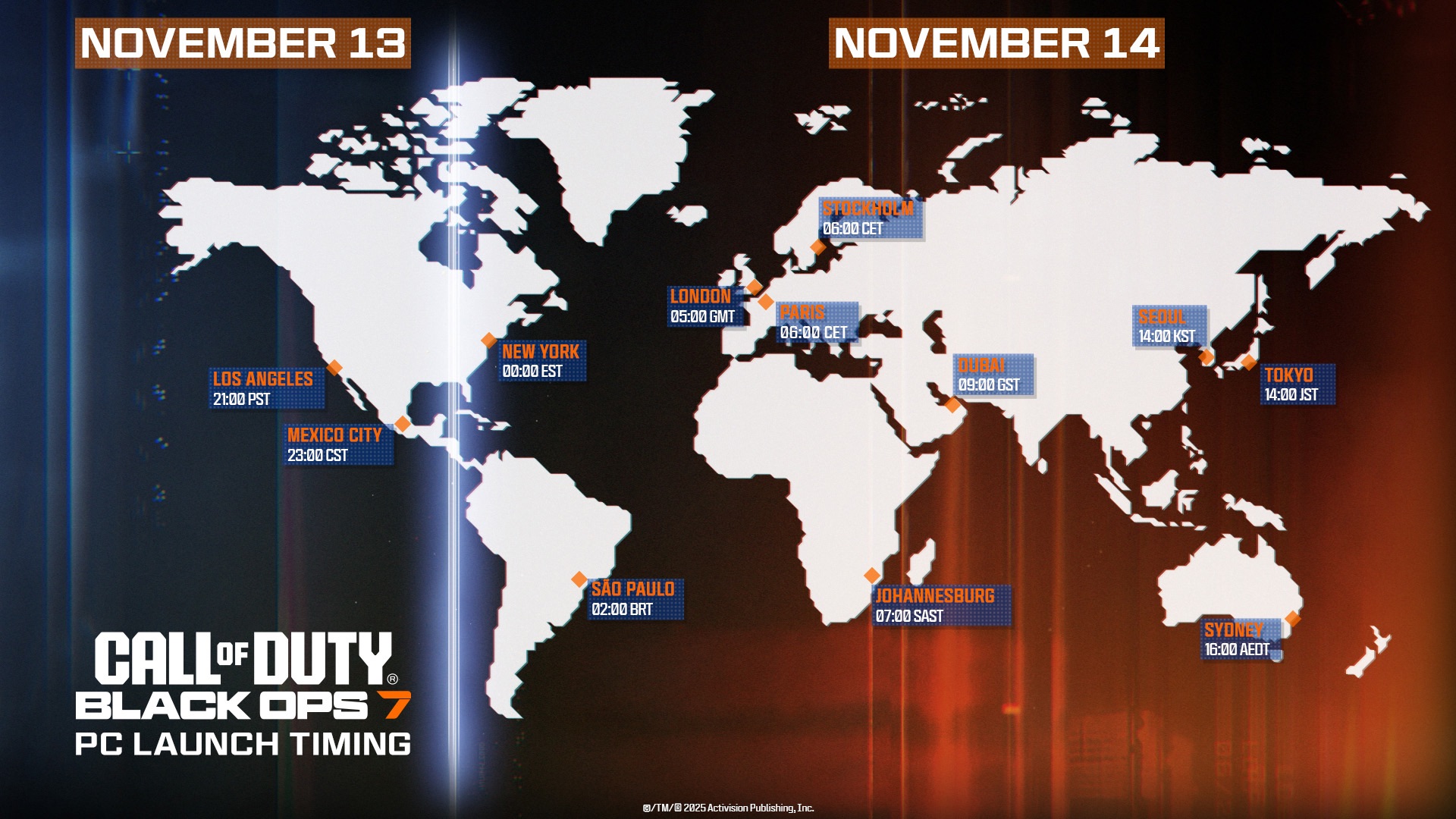 A world map showing global release times for Black Ops 7 on PC