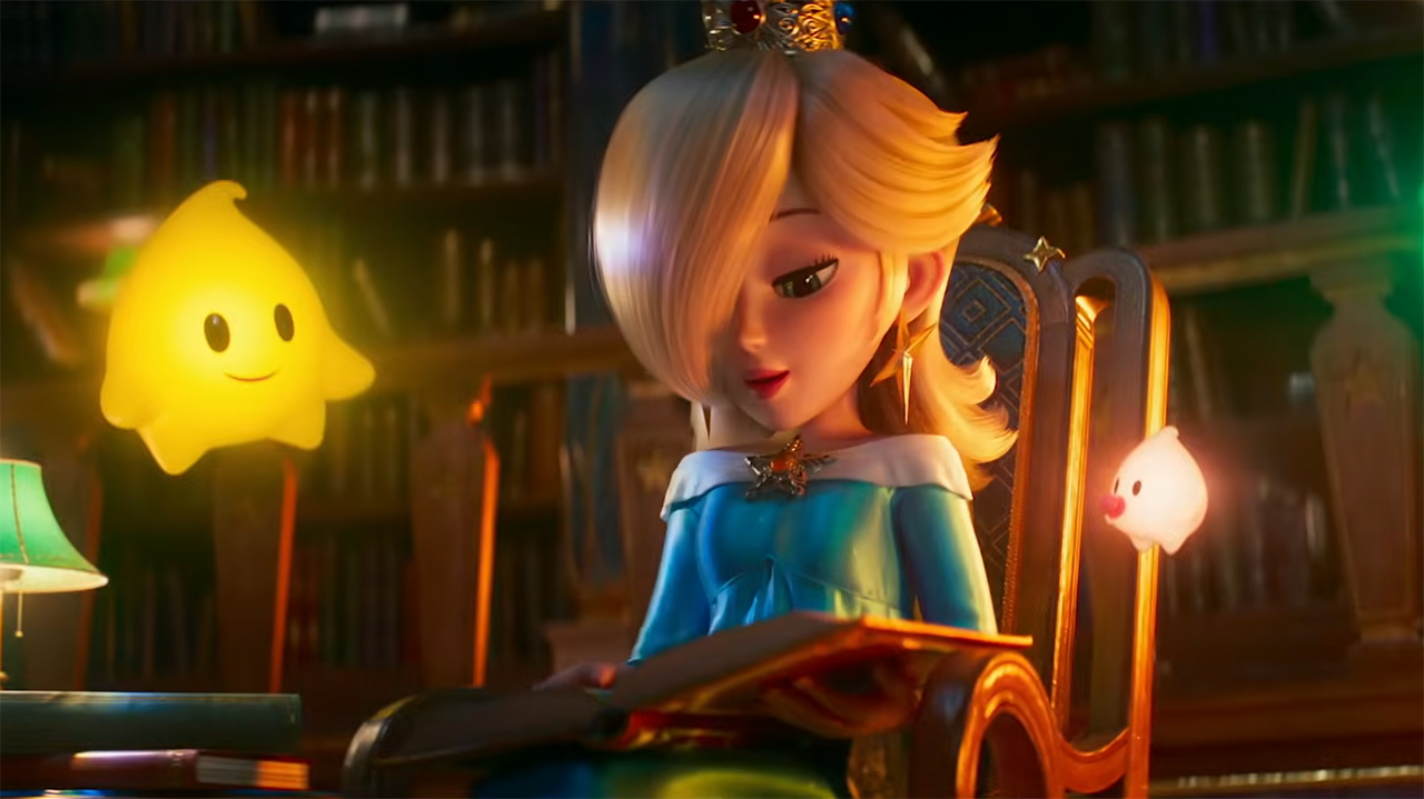 Rosalina reading a book while a yellow Luma watches in The Super Mario Galaxy Movie