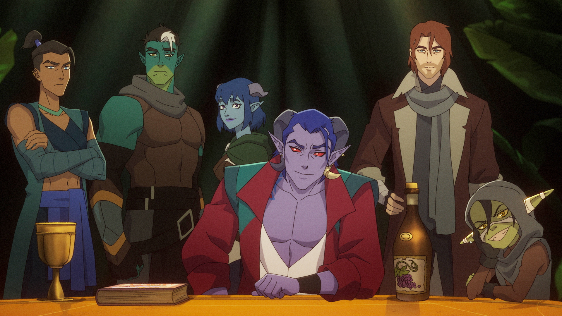 Mollymauk sitting at a table while the rest of The Mighty Nein stands behind her.