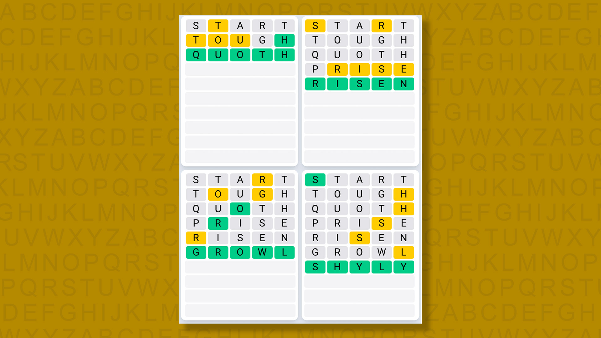 Quordle Daily Sequence answers for game 1394 on a yellow background