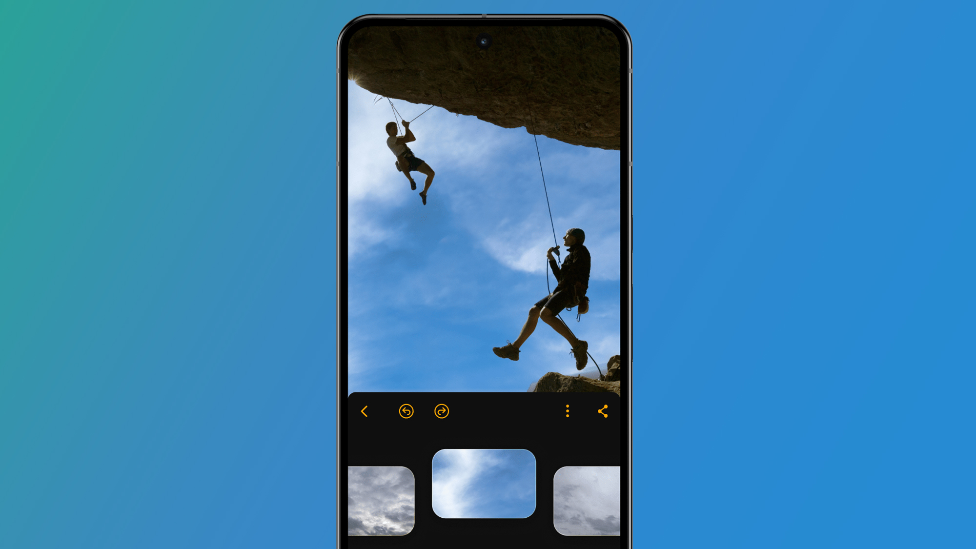 An Android phone on a green and blue background showing the Luminar Neo app