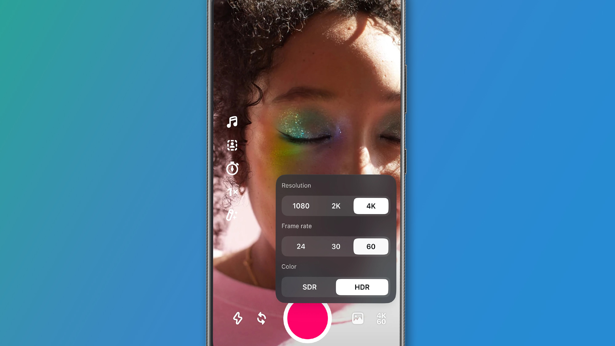 An Android phone on a green and blue background showing the Instagram Edits app