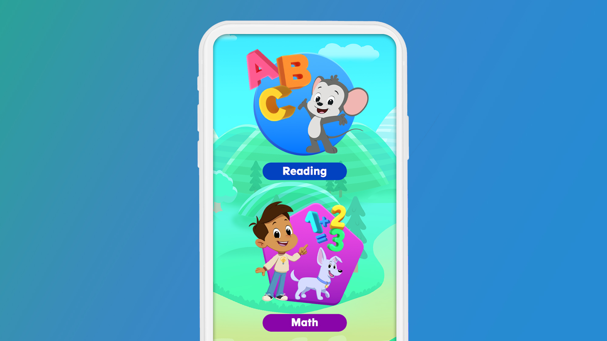 An Android phone on a green and blue background showing the ABCMouse app