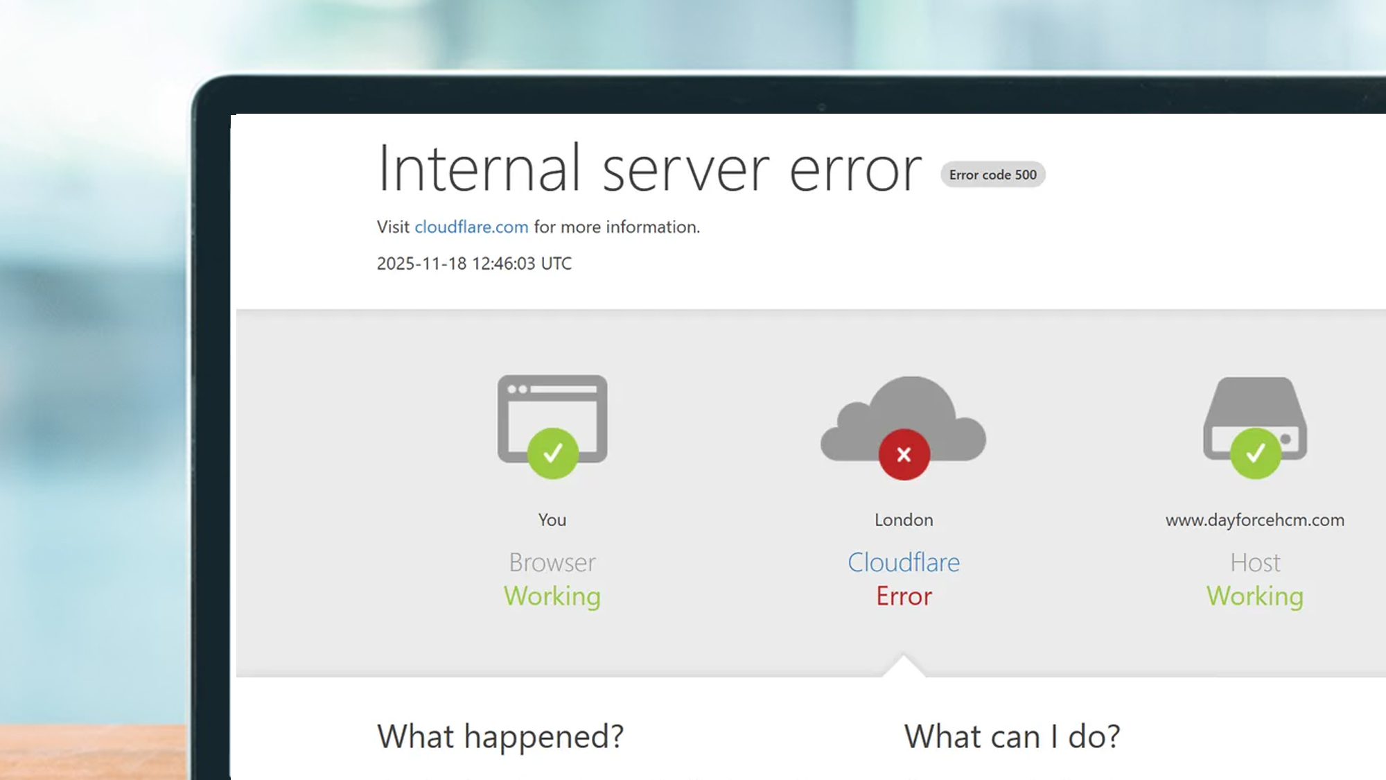 A laptop projection showing a Cloudflare error message