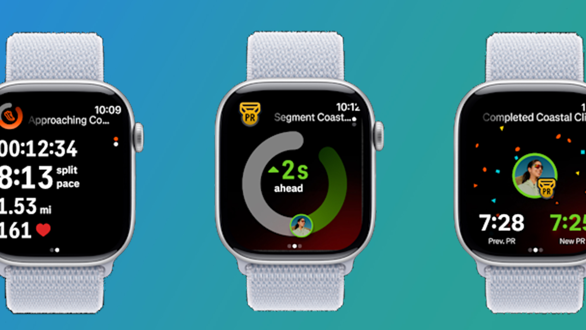 Three Apple Watches on a blue and green background showing the Strava app