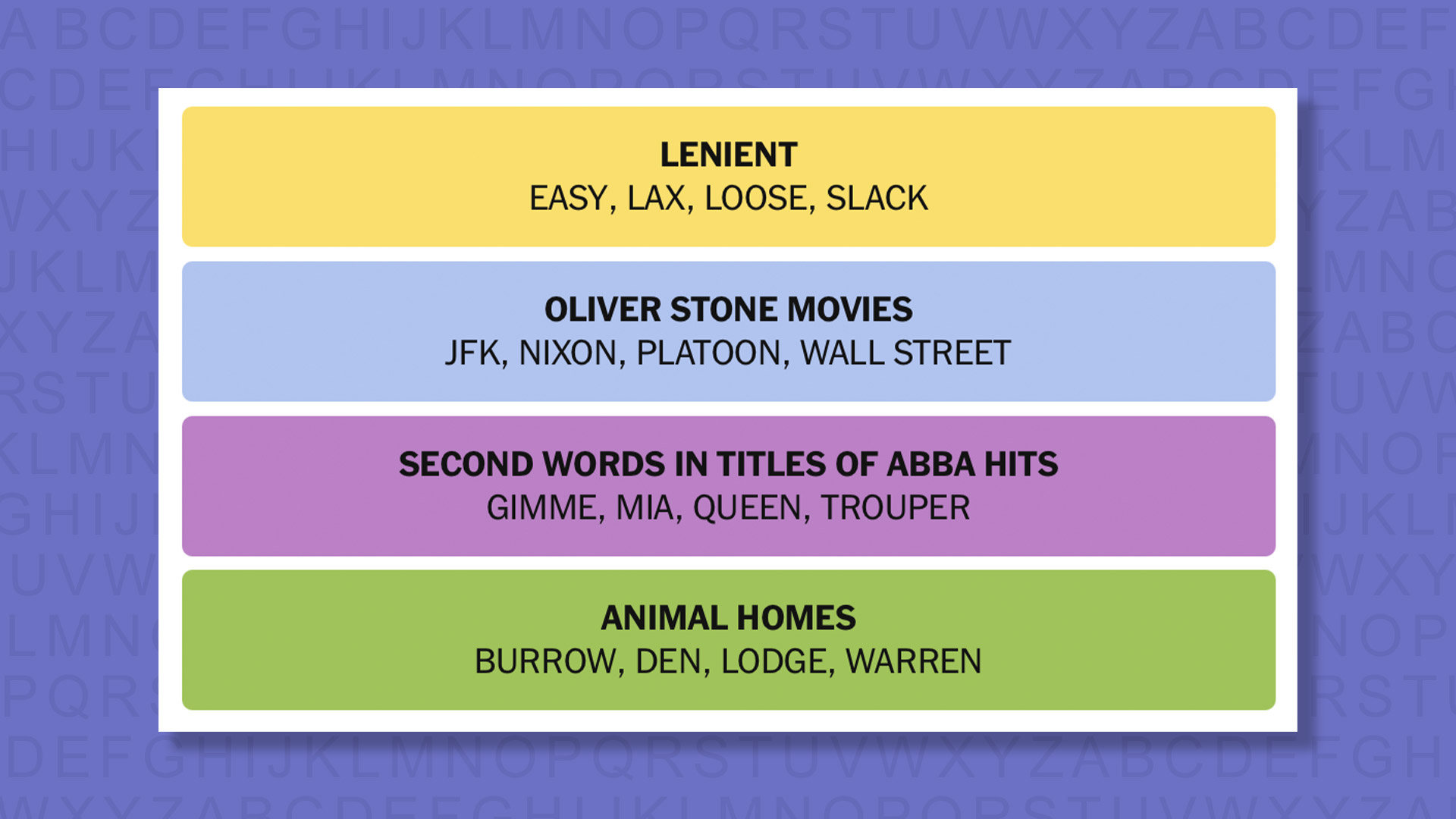 NYT Connections answers game 896 on a purple background