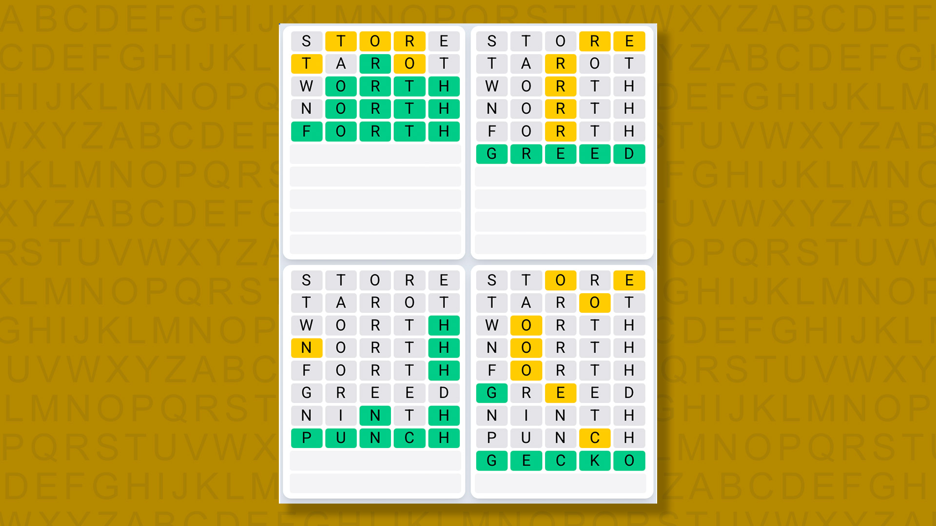 Quordle Daily Sequence answers for game 1400 on a yellow background