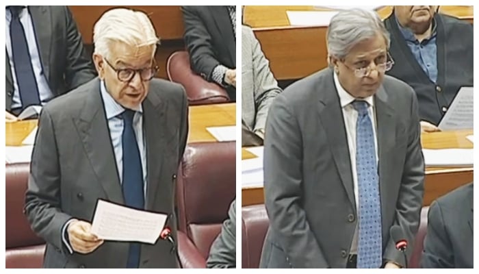 Defense Minister Khawaja Asif (left) and Law Minister Azam Nazeer Tarar speaking at the National Assembly on November 13, 2025. – PakGazette News