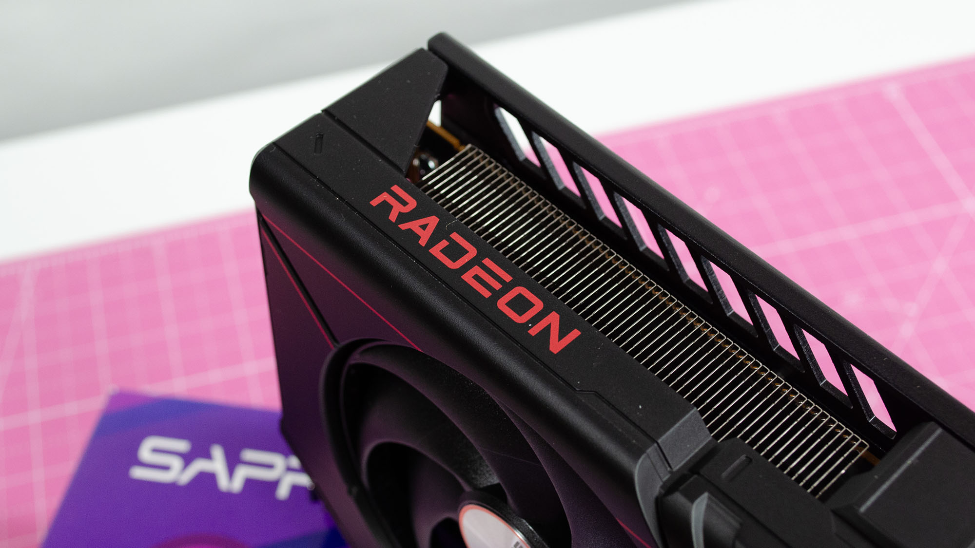 The radeon logo on the AMD Radeon RX 9070