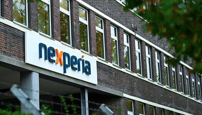 The logo of Chinese semiconductor company Nexperia is displayed at the chipmaker's German facility in Hamburg, Germany, October 23, 2025. – Reuters