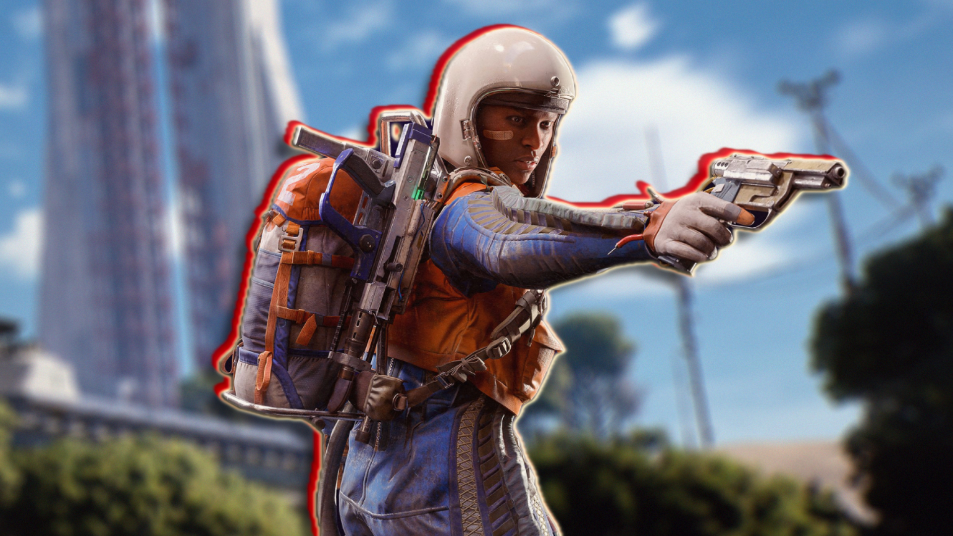 A Raider wears a blue and white jumpsuit, a white helmet, and points a pistol with his right hand.