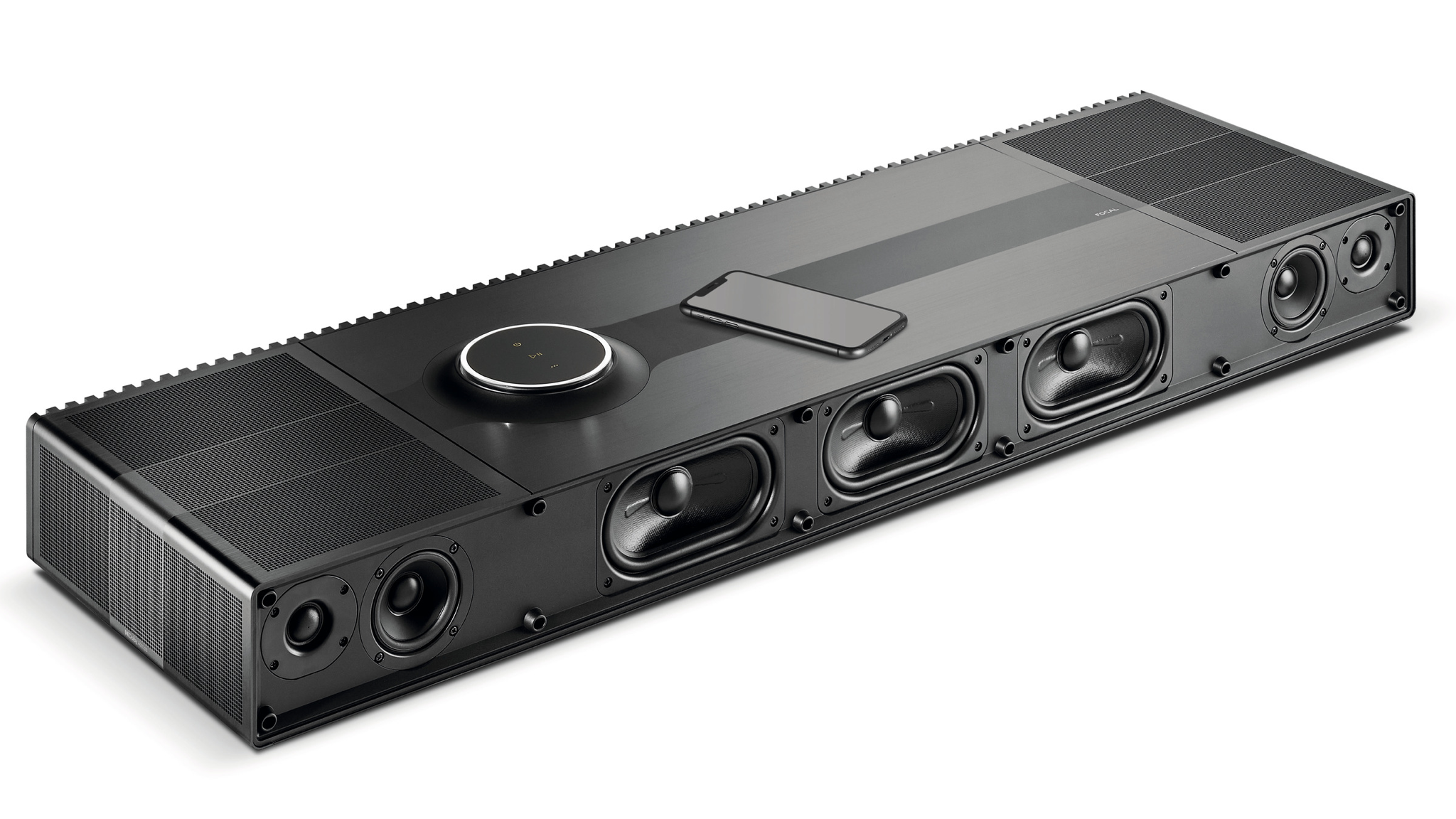 Focal Mu-so Hekla soundbar shot diagonally on a white background without the speaker grills