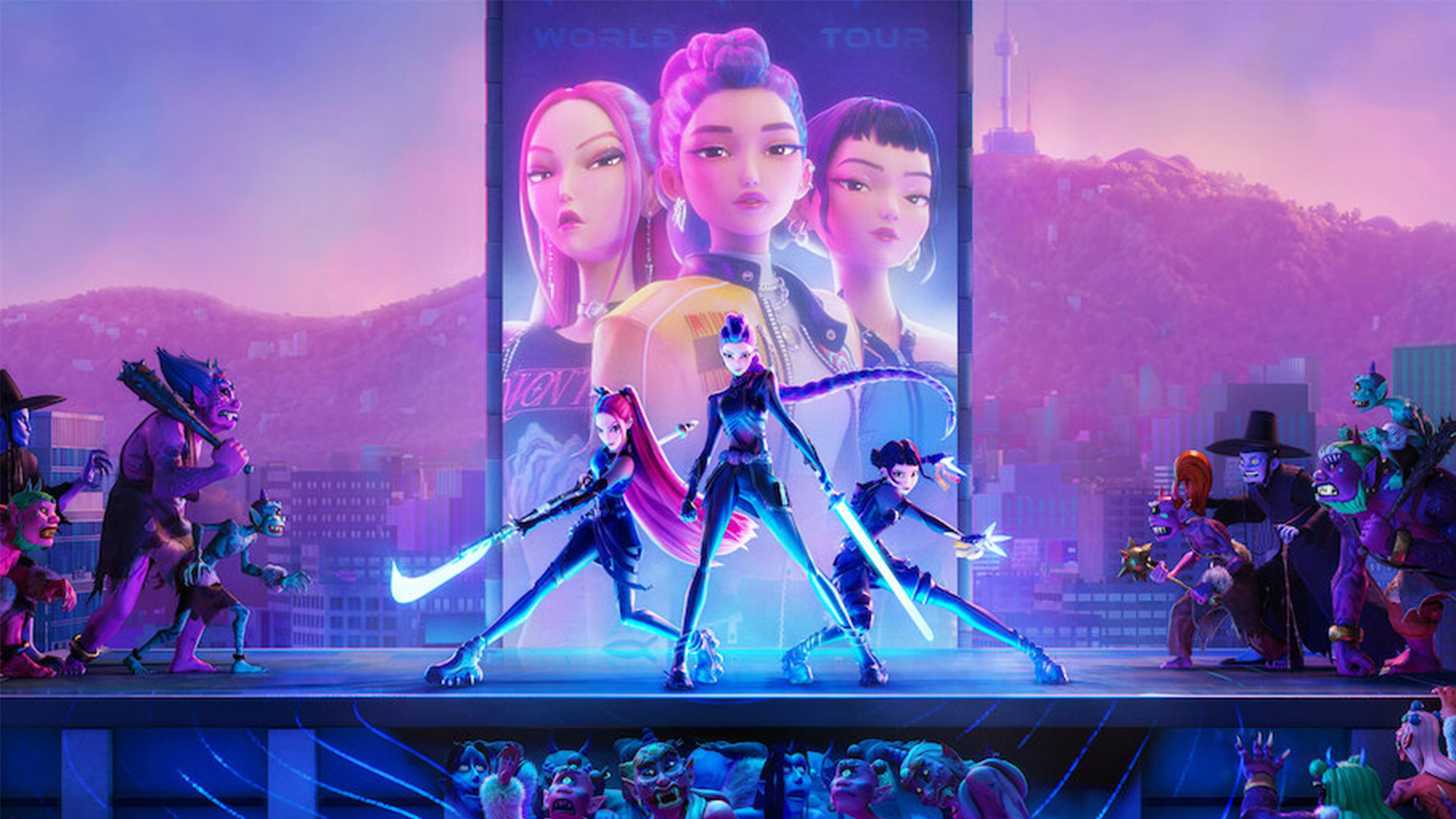 Three animated characters pose on a stage with swords as demons surround them in a still from KPop Demon Hunters.