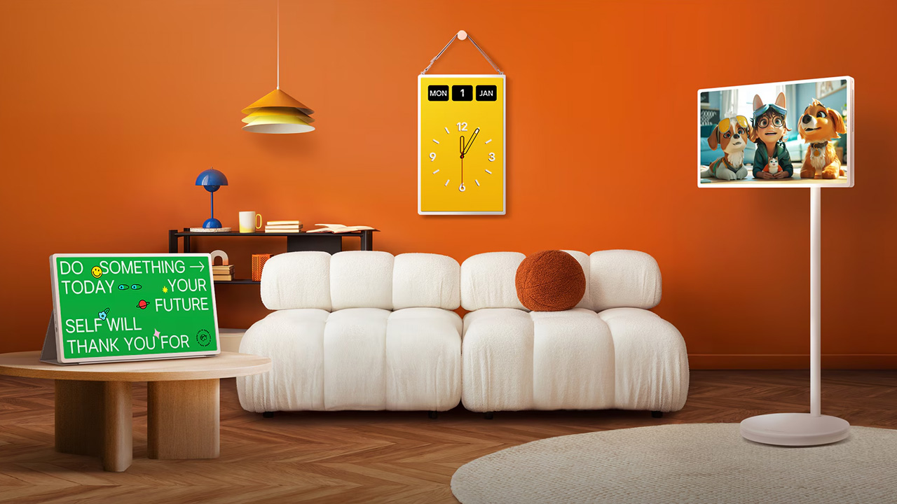 A lifestyle photo of the LG StanByME 2 in a brightly decorated room. The TV is on its stand and is showing something that looks like Paw Patrol or a similar children's show. television show